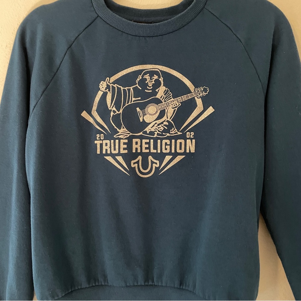 True Religion Buddha Sweatshirt Blue Raglan Graphic Logo Womens S